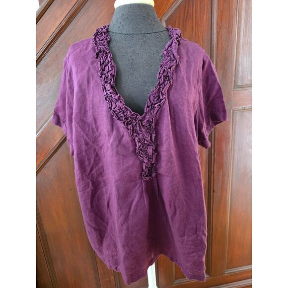 Talbots Womens 20W Ruffled V-Neck Purple Linen Top - Picture 1 of 7